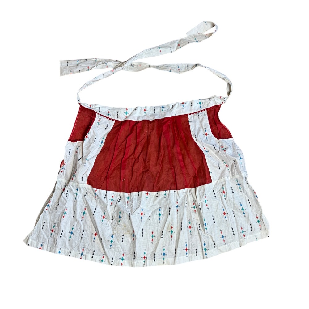 Vintage‎ Handmade 1950s Geometric Design Sheer Red Half Apron with pockets